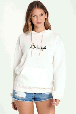 Büyücü Baskılı Beyaz Kadın Kapşonlu Sweatshirt