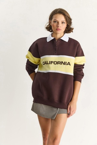 Shade Kadın Polo Yaka Düğmeli California Yazılı Nakış Detaylı Oversize Kadın Sweatshirt 10009 60283563 - Kahverengi
