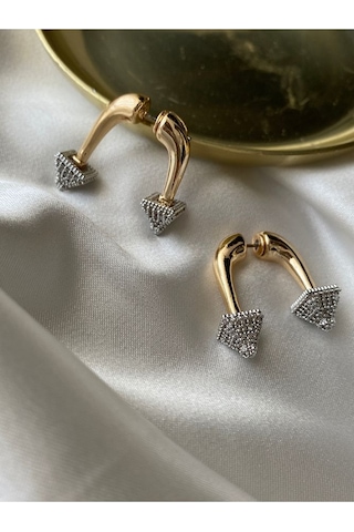 Pinery Jewels Vıp Seri - Zirkon Taşlı Piramit Sallantılı Altın Kaplama Kadın Kü Altın