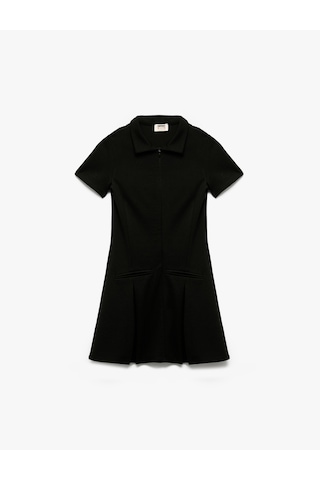 Koton Slim Fit Polo Yaka Yarım Fermuarlı Kısa Kollu Viskon Karışımlı Mini Elbise Siyah 6wkg80032ak Siyah