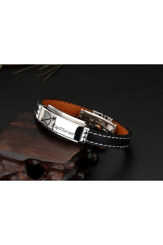 Tesbihane Deri&Çelik Kombinli Kişiye Özel İsim Harf/Yazılı Yay Burcu Erkek Bileklik Gümüş