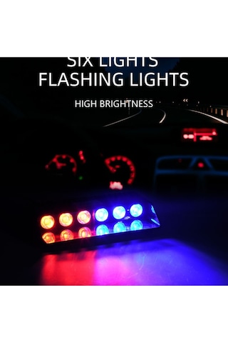 S6 Polis Çakar Lamba Cam Içi Vantuzlu 6 Led Kırmızı Mavi Çakmaklık Girişli 12 Mod Polis Lamba