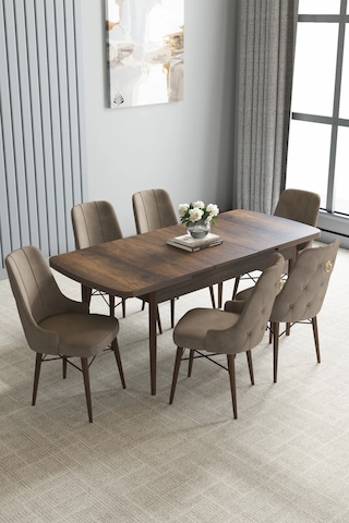 Zümra Serisi, Barok Ahşap Desen 80x132 Açılabilir Mdf Mutfak Masası Takımı 6 Adet Sandalye, Cappucino