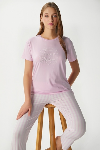 Ritnice Kadın Time Yumuşak Doku Pembe Çizgili Bisiklet Yaka Kısa Kollu Alt Üst Pijama Takımı Pembeekru Çok Renkli