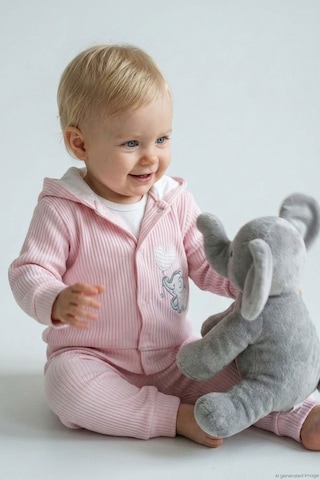 Breeze Kız Bebek Bodyli 3 Lü Takım Balonlu Sevimli Bebek Fil Arma Nakışlı 4 Ay-1 Yaş, Pembe