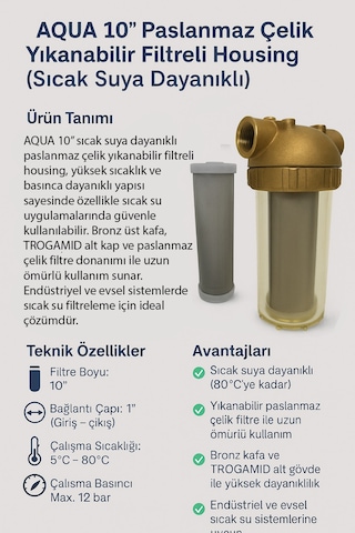 Aqua 10 Sıcak Suya Dayanıklı Bronz Housing Paslanmaz Çelik Yıkanabilir Filtreli