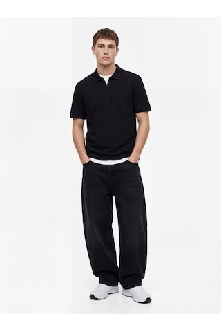LTB Fermuarlı Pike Polo Yaka Siyah T-shırt