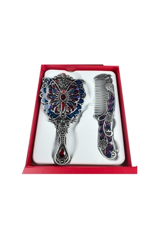 Tavus Kuşu Desenli Vintage Ayna Tarak Seti Özel Tasarım Ve Özel Kutulu 13,5 Cm & 13 Cm Mavi