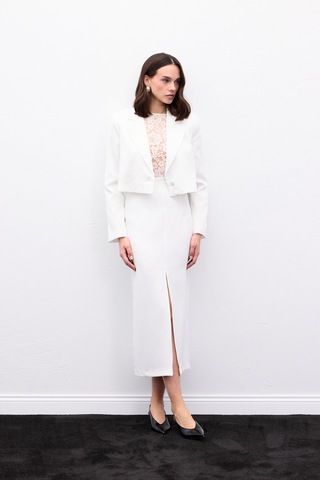 Sateen Yırtmaçlı Midi Etek - Ekru-136987 Ekru