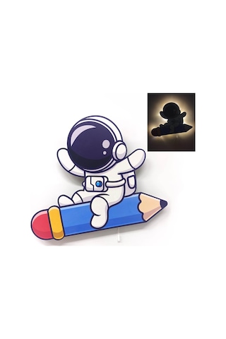 CajuArt Kalem Astronot Ahşap Led Işıklı Çocuk Odası Duvar Tablosu
