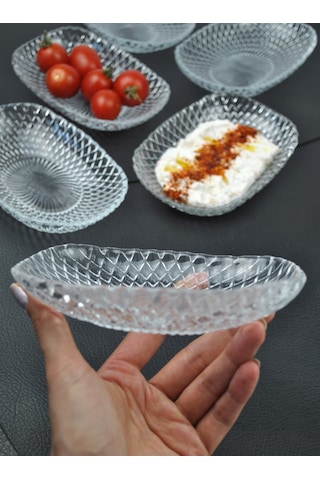 6'lı Cam Kase Sunum Kayık Tabak Meze Tabağı Çerezlik 15cm-vera