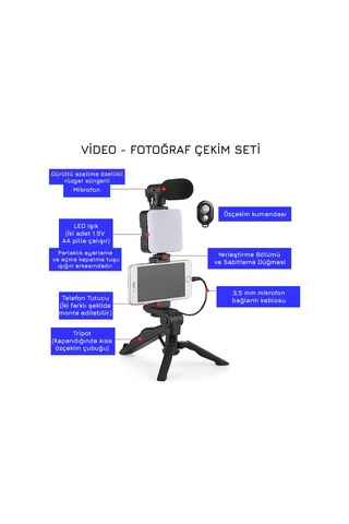 Upway Led Işıklı Mikrofonlu Tripotlu Kumandalı Video Kayıt Fotoğraf Öz Çekim Seti