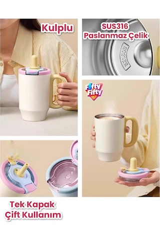680 Ml Tek Kapak Çift Kullanım Pipetli Rahat İçim Kulplu Paslanmaz Çelik Termos Mug Ffvgn1113-680ml Mavi