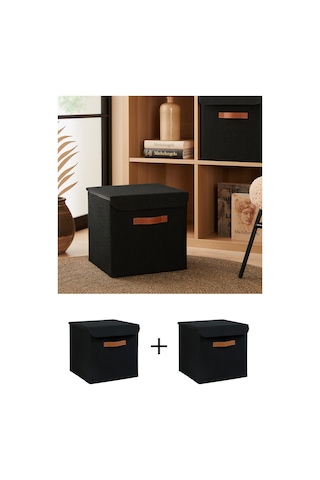 Ocean Home Textile 2'li Siyah Renk Jüt Kapaklı Kutu Set 30 x 30 x 30 cm