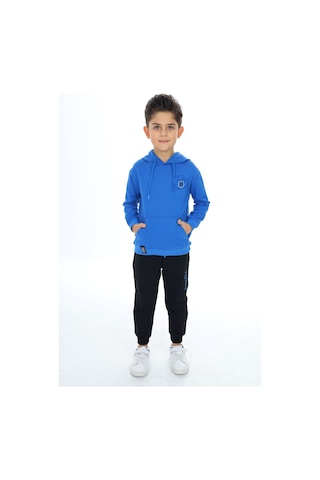 Toontoy Kids Toontoy Erkek Çocuk 2'li Takım Baskılı Kapüşonlu Cepli Sweatshirt & Beli Paçası Lastikli Cepli Jogger Eşofman Altı - Renk Bloklu & 2 İplik Saks