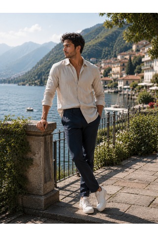 Luxıc Core Erkek Keten Karışımlı Casual Pantolon Rahat Kalıp Şık Tasarım Krem