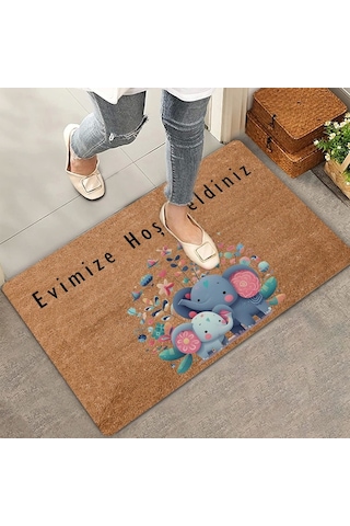 Valerine Life Sevimli Yavru Filler Ve Çiçekler Evimize Hoş Geldiniz Kapı Önü Paspası 45x70cm