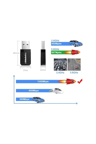 Schulzz Comfast 1300 Mbps USB Mini Wi-Fi Adaptörü Rtl811 5Ghz Kabl