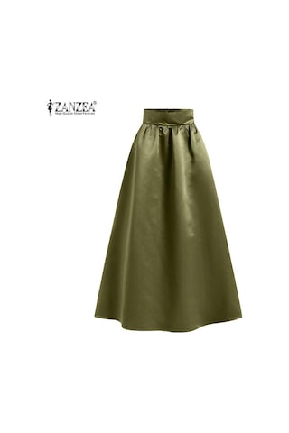 Zanzea Kadın Moda Yüksek Bel A-line Saten Etekler Düz Renk Parti Uzun Etekler Asker Yeşili Yeşil