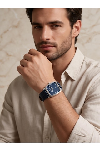 Lee Cooper Lacivert Deri Kayış Mavi Kadran 40 Mm Dikdörtgen Erkek Kol Saati, Bileklik Hediyeli Gümüş