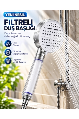 Çok Fonksiyonlu Filtreli Duş Başlığı 6 Farklı Sprey Modu Büyük Panel Beyaz Çok Renkli