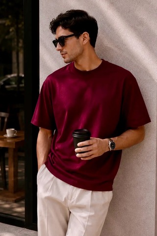Bbbutikbasic Erkek Oversize Basic Bisiklet Yaka Pamuklu Tişört My3535 Bordo