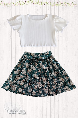 Çocuk Etekli Takım, Papatya Desenli Etek - Ekru Fitilli Crop Ekru-papatya Ekru - Yeşil