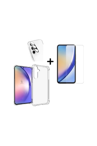 Samsung Galaxy A55 5g Uyumlu Kılıf Şeffaf Temperli Kırılmaz Cam Ekran Ve Kamera Lens Koruyucu Seti