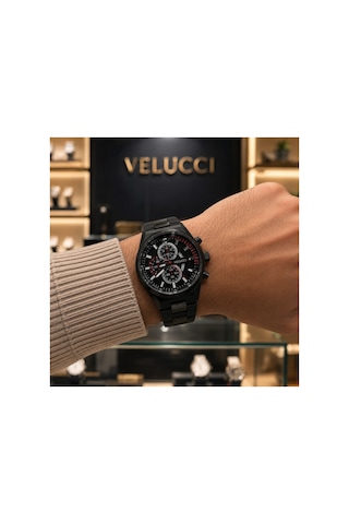 Velucci Kara Silikon Kordon Erkek Kol Saati Siyah Kadran Kırmızı Detay Sport Analog