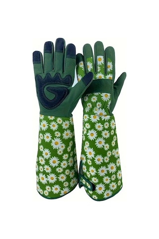 Techbloom Diken Geçirmez Eldiven Nefes Alabilir Polyester Green Floral Desenli Unisex Bahçe Eldiveni