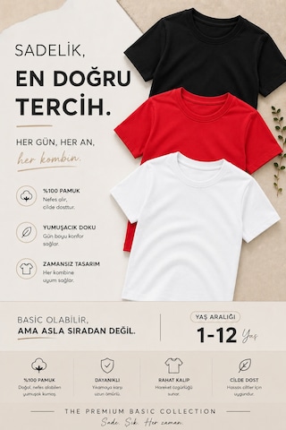 Overmax Çocuk Basic 3' Lü Tişört Seti Zamansız Şıklık, Gün Boyu Konfor Siyah-kırmızı-beyaz - 887278767 Siyah-kırmızı-beyaz