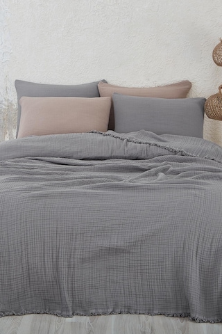 Müslin%100 Pamuk Tek Kişilik Yatak Örtüsü Pike Takımı 4 Katlı Yumuşak Battaniye 2 Parça Antrasit Gri