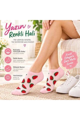 Womanandkids Wak Kadın Karpuz 3'lü Desenli Patik Çorap Pamuklu Dikişsiz Sneaker Uyumlu Eğlenceli Yazlık Set Çok Renkli