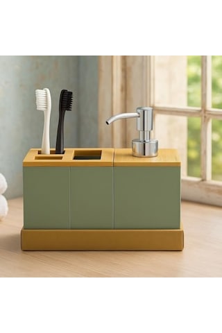 Bambu Kapaklı Yeşil Banyo Seti Sıvı Sabunluk, Diş Fırçalık, Çok Gözlü Organizer Ve Düzenleyici 000 Açık Krem