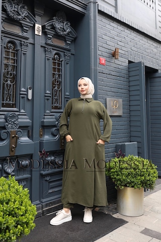 Kadın Haki Aerobin Uzun Önü Yarım Fermuarlı İkili Takım T1216 Haki