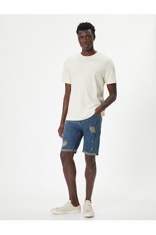 Koton Slim Fit Kot Şort Yırtık Bermuda Cep Detaylı Katlı Paça Pamuklu Petrol 4sam40099nd Petrol