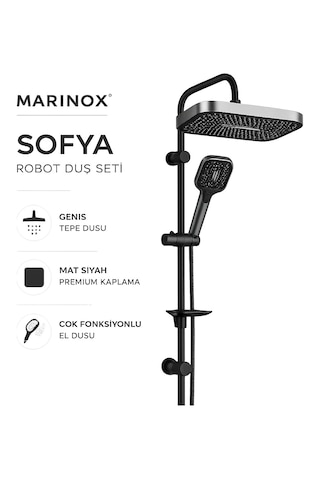 Sofya Mat Siyah Robot Duş Seti Geniş Tepe Duşlu Çok Fonksiyonlu El Duşlu Modern Banyo Duş Sistemi
