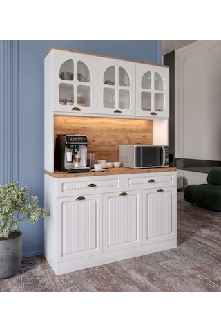 Efes Kahve Köşesi - 140 Cm Mdf Mutfak Dolabı - Led Aydınlatmalı - Atlantik Çam - Beyaz