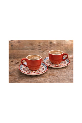 6 Kişilik Türk Kahvesi Fincanı Takımı,12 Parça,90 Ml Seramik Set,mikrodalga/bulaşık Makinesine Uygun Kırmızı