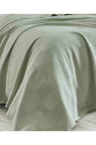 Tek Kişilik %100 Pamuk Pike Örtü 160x230 Cm Karo Desenli Çağlayeşili Weave Serisi Çağlayeşili