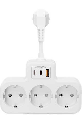 Yüksek Voltaj Korumalı Priz, Duvar Tipi Kısa Kablolu Priz Çoğaltıcı, 3x Soket, 2x Type-c, 1x Usb, 16a, 3680w, 1050 Joule, Çocuk Korumalı, Isıya Dayanıklı Yapı 0.13 M