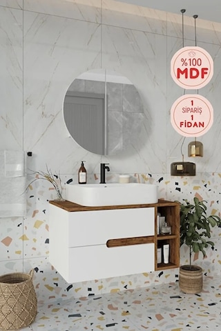 Koza Beyaz 80 Cm Banyo Dolabı+ayna+lavabo Beyaz