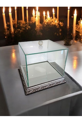 Cam İşlemeli Gümüş Söz Nişan Bohça Kutusu 25 25 Cm