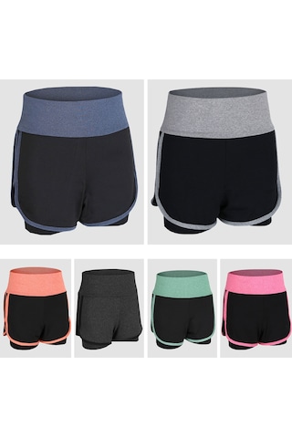 Kosona Kadın Spor Şortu, Yüksek Bel, İki Katlı Tasarım, Esnek & Hızlı Kuruyan, Fitness-jim-yoga, Mavi, Asya Beden 3xl Yjdk01-8