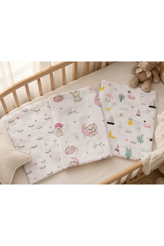 Minora Baby&Kids 3'lü %100 Pamuk Müslin Bebek Örtüsü Seti Çok Amaçlı Müslin Battaniye - 100 x 100 CM