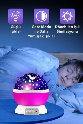 Ay Ve Yıldızlı Gökyüzü Yansıtmalı Dönen Projeksiyon Gece Lambası- Çocuk Bebek Odası Pembe Belirtilmemis