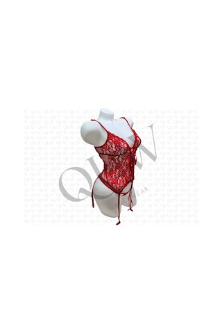 Kırmızı Tüllü Jartiyer Takım + Dantel Kelepçe - Quw60-1007-03