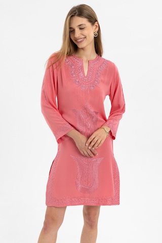 Pembe İşlemeli Uzun Kollu Astarsız Pamuklu Kısa Elbise-pembe