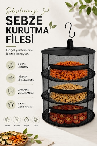 Tineke 3 Katlı Fermuarlı Meyve Sebze Kurutma Filesi Katlanabilir Doğal Kurutma Sepeti Siyah Siyah