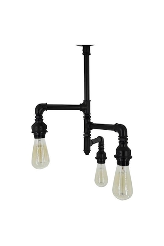 Endüstriyel Tasarım Vintage Tavan Avize Borulardan Lamba 3'li Siyah